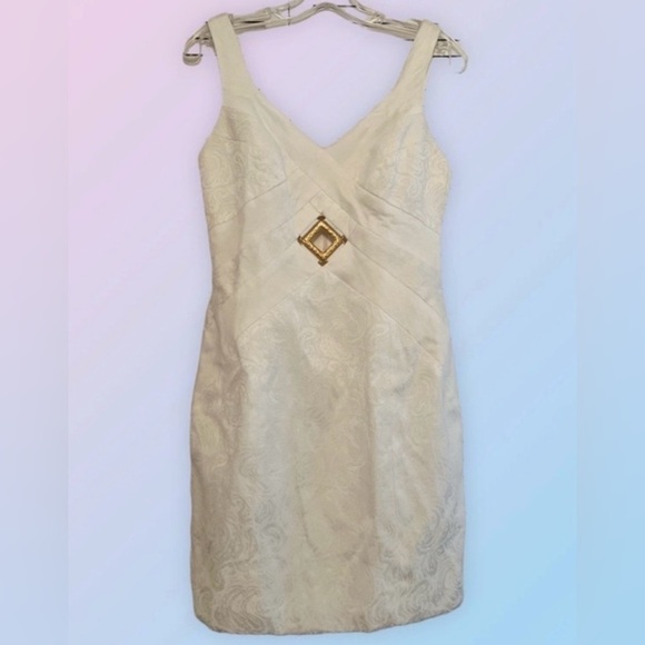 Linda Segal Dresses & Skirts - Vintage 90s Dress Sheath Linda Segal Cream Jaquard Matte Gold Keyhole Bust 4-6